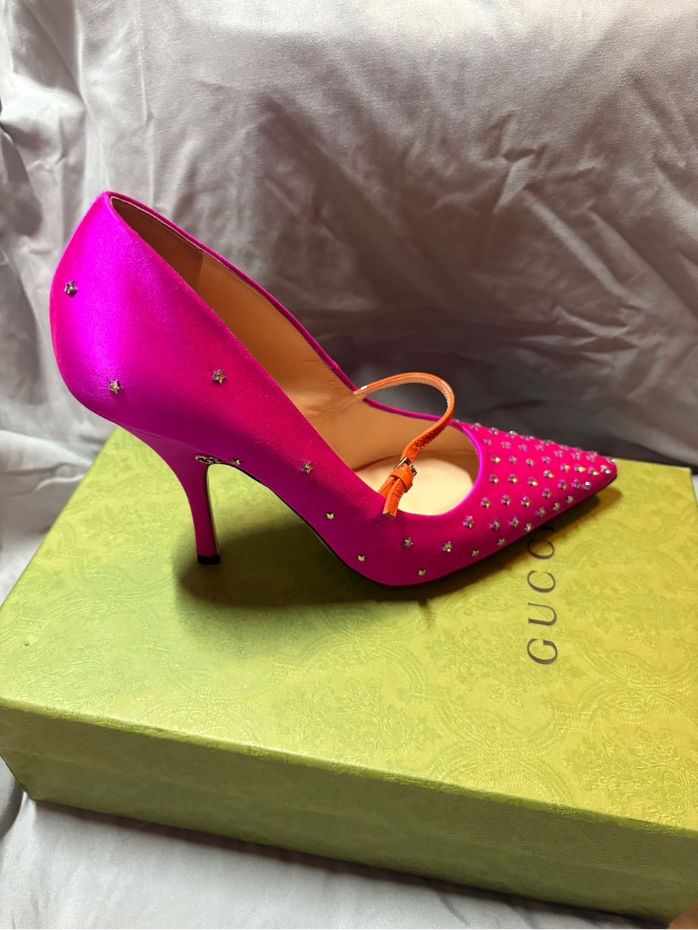 Gucci Hot Pink Satin Studded Mary Jane Pump with Orange Strap